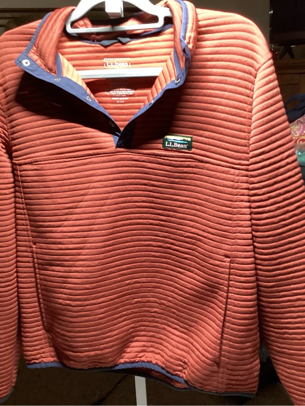 L.L. Bean Quilted Pullover Sweatshirt in Rust with Blue Trim